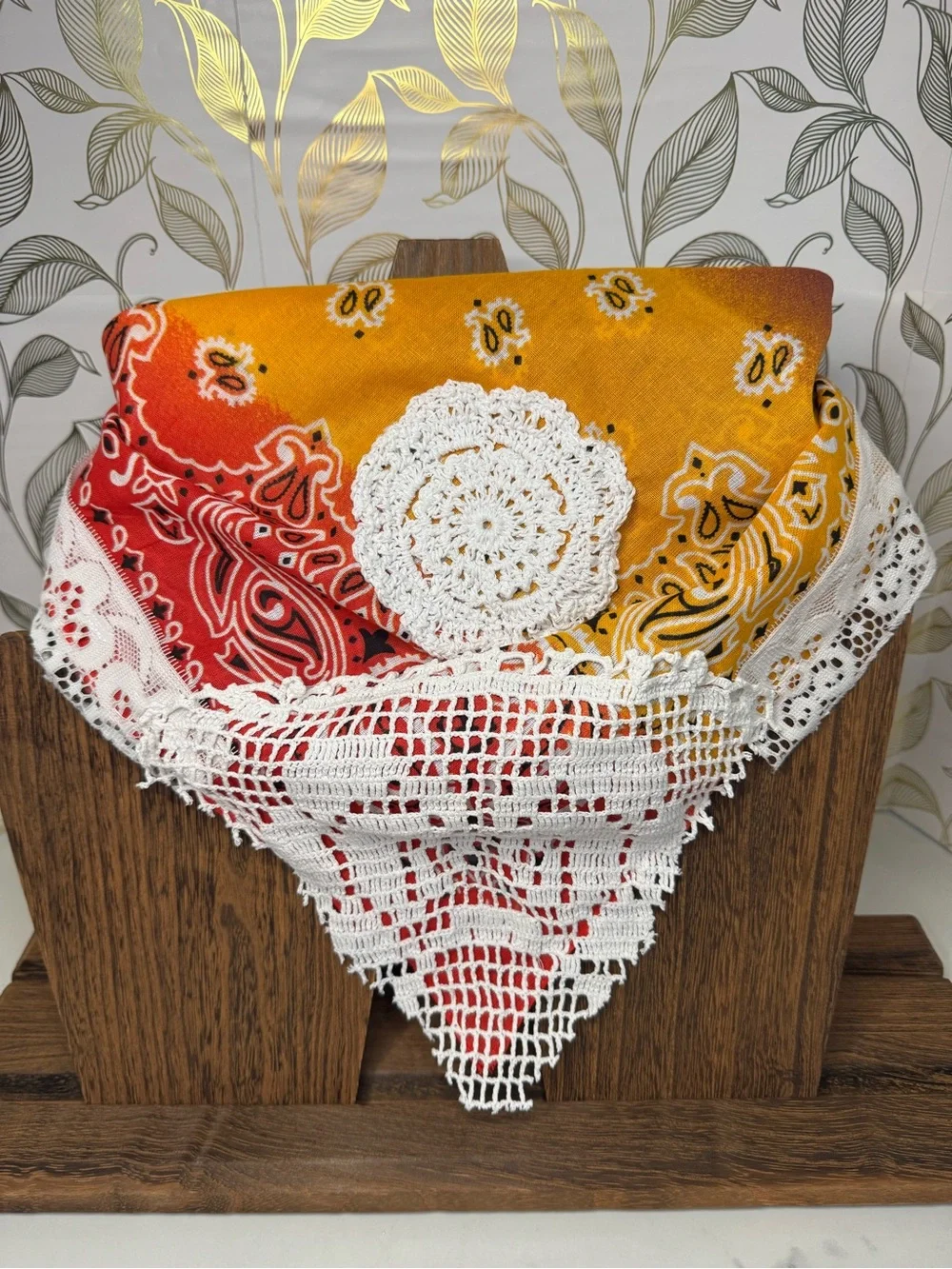 Vintage-Inspired Up-cycled Red & Yellow Bandana Scarf with White Crochet Trim